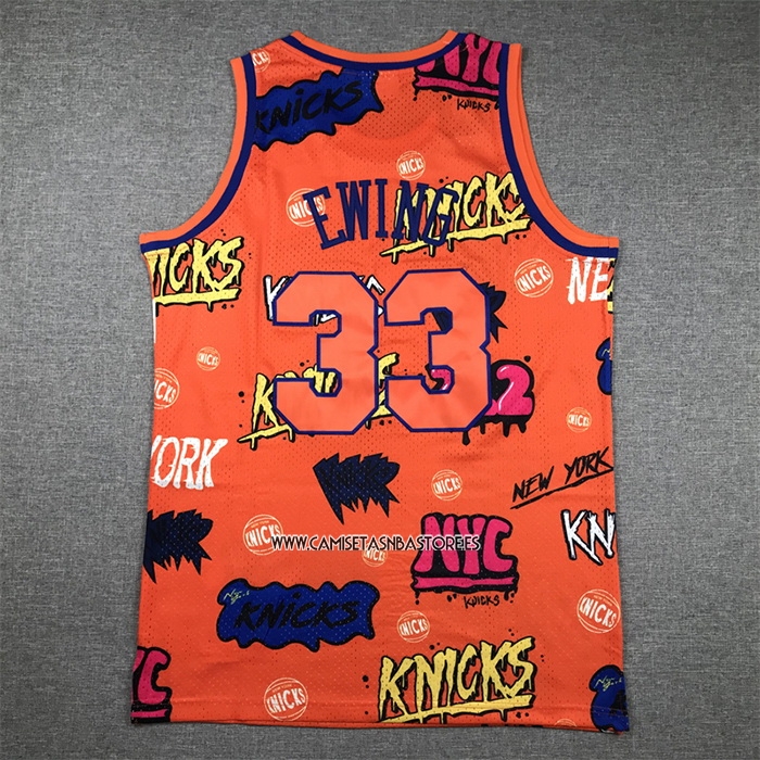 Patrick Ewing NO 33 Camiseta New York Knicks Mitchell & Ness Slap Sticker 1991-92 Naranja